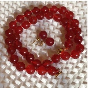 New 14k Gold Red Jade 10mm Necklace/Earrings set 925 18” long
